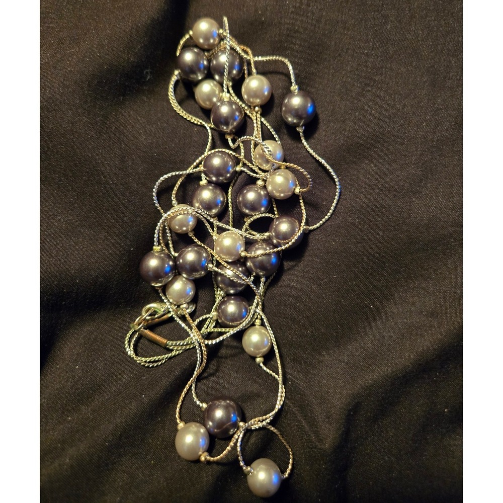 ROMAN RMN Silver Tone 2 Strand Grey and White Faux Pearl Long Necklace vintage